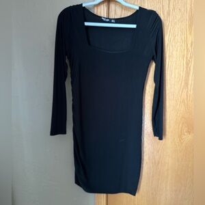 NastyGal Squareneck Black Long Sleeve Dress with Rouged Sides